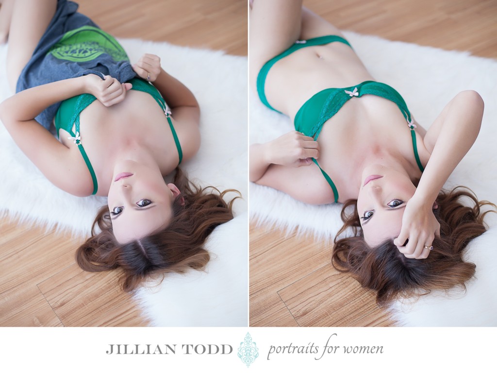 boudoir photography floor pose green lingerie
