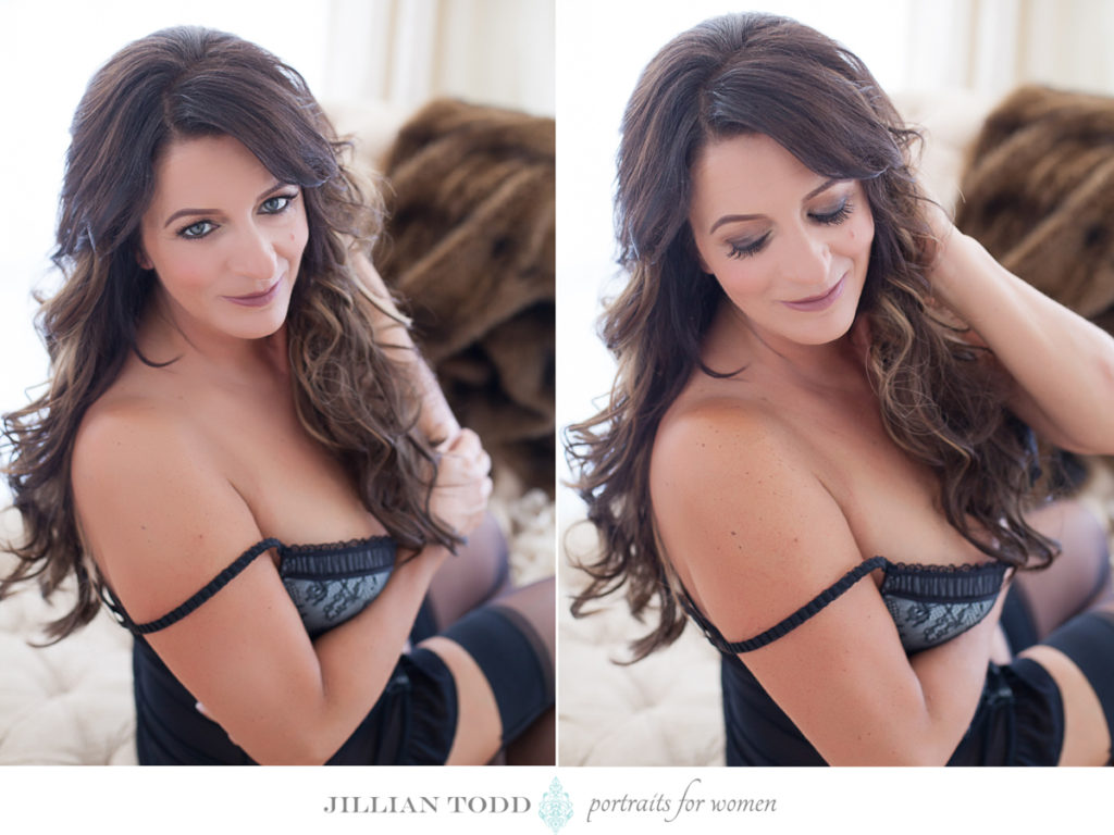 roseville boudoir photogapher studio portrait of brunette in black lingerie