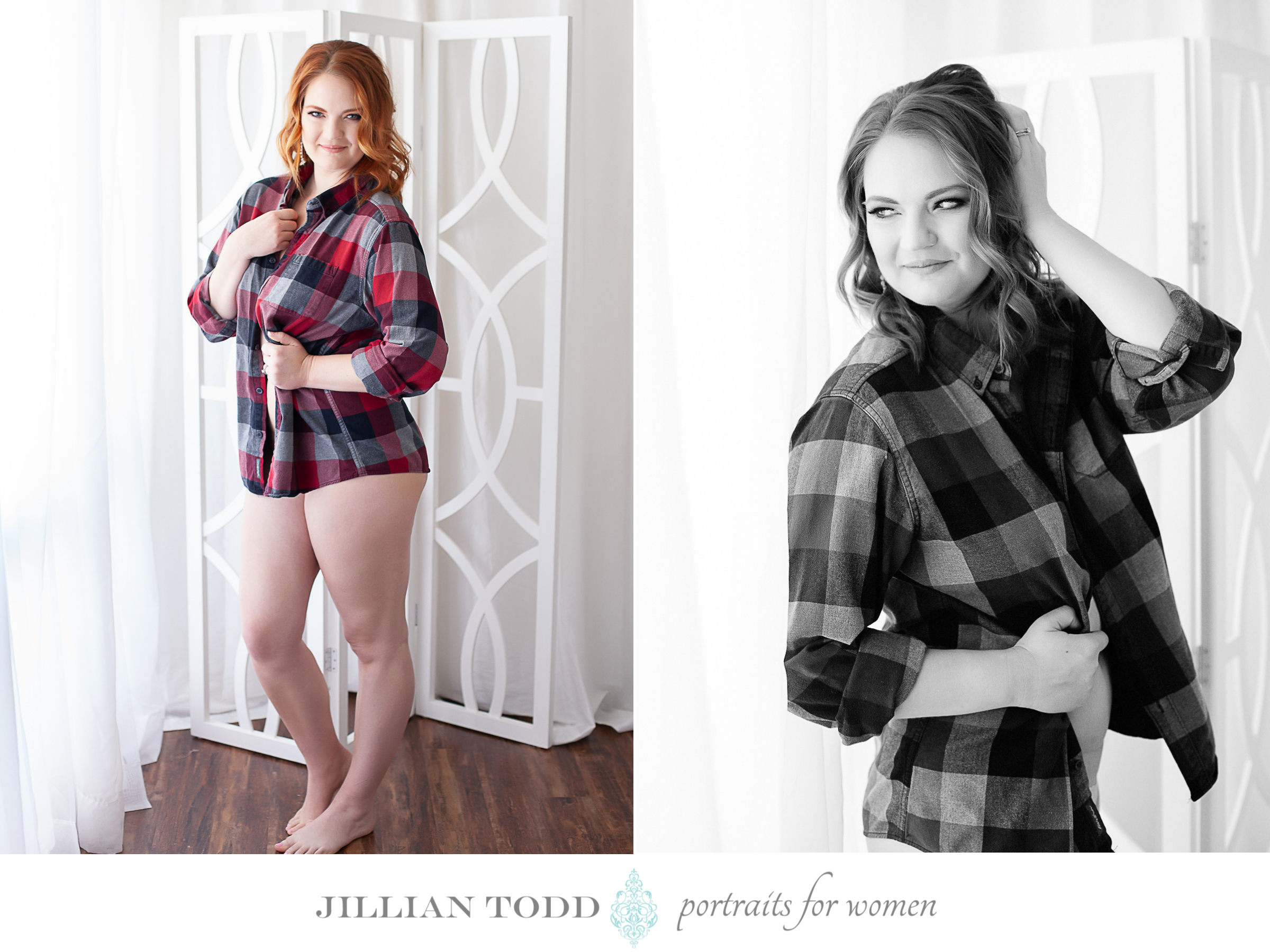 woman posting with flannel shirt for boudoir session